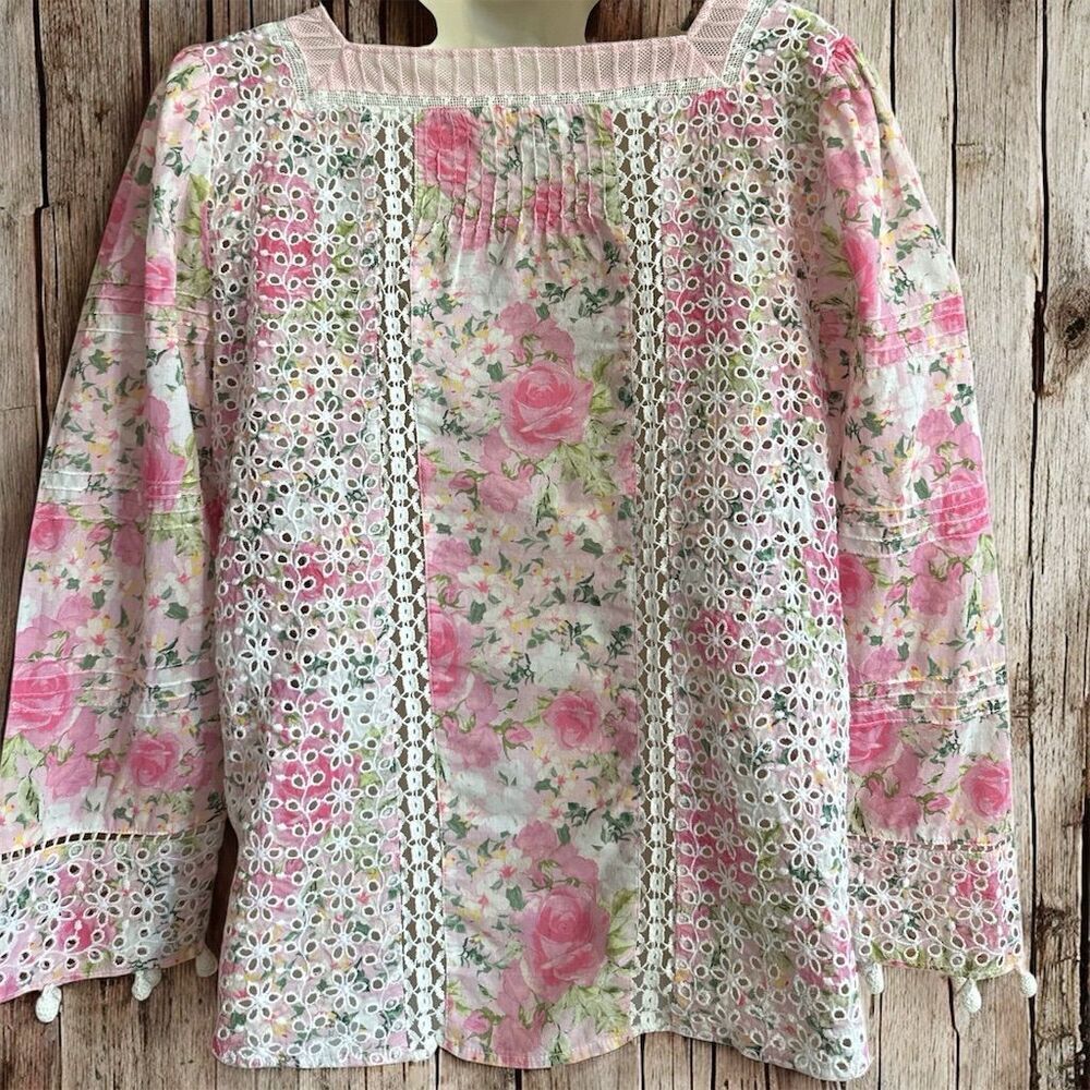 LoveShackFancy Romantic Eyelet Pink White Floral Square Neck Blouse Sleeve - Picture 6 of 12